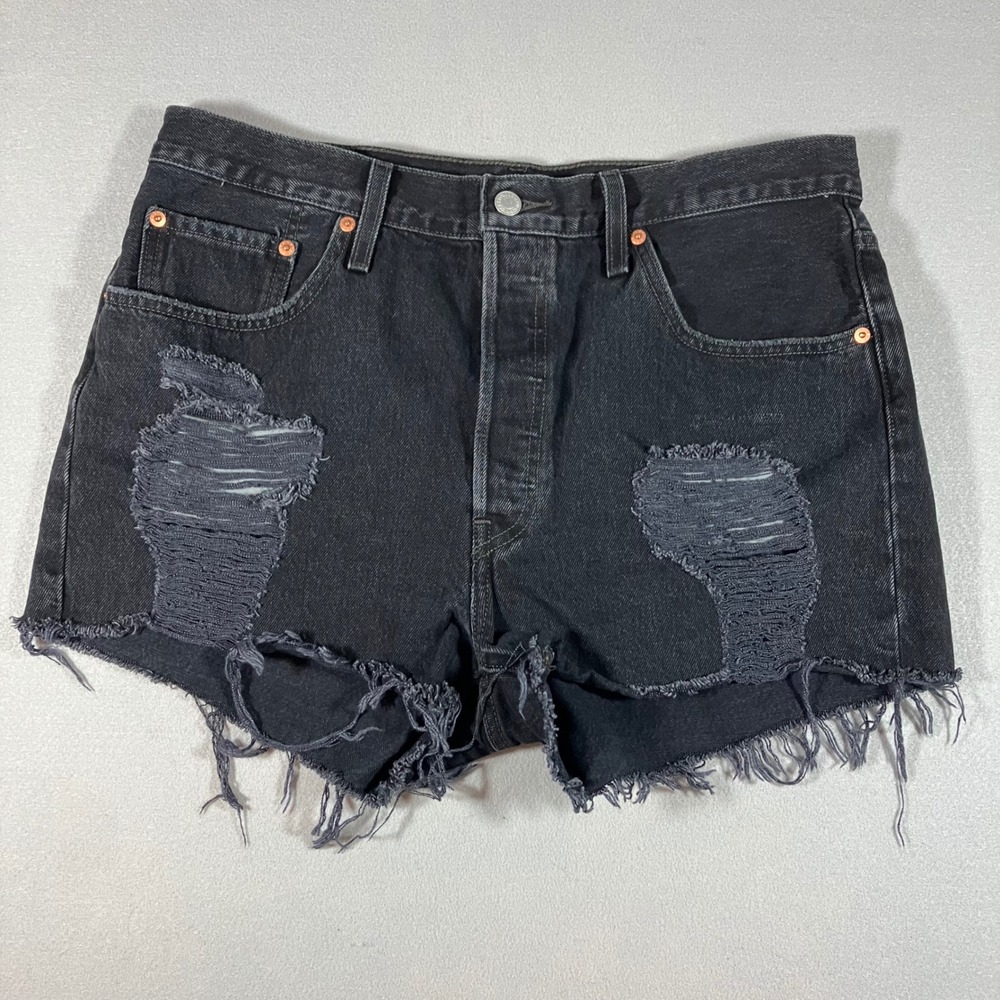 Levis 501 Distressed Black Denim Shorts High Rise Button Fly W33 Y2K Cut Off